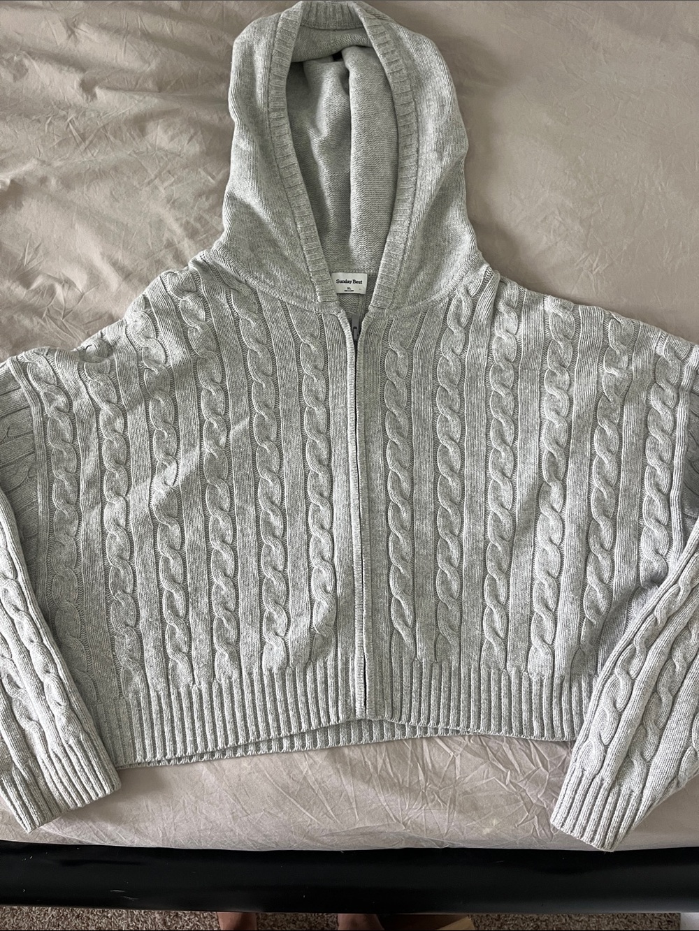 Sunday Best Light Gray Cable-Knit Hooded Zip Cardigan